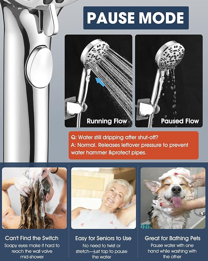 Handheld Shower Head with 6.56ft Extra Long Hose, On Off Switch 8-Seting High Preesure Hand Held Showerhead, Low-Reach Adhesive Holder for Kid, Disable& Elder (Chrome)