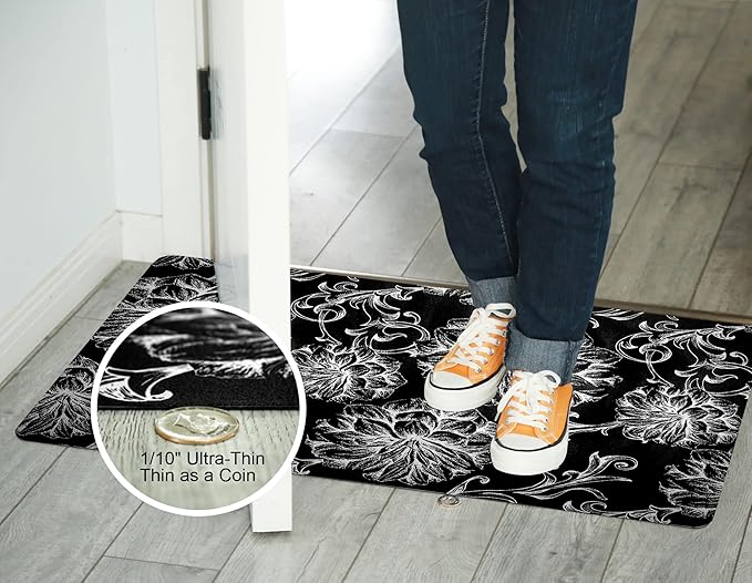 1/10 Inch Ultra Thin 24"×35" Large Front Door Mat Indoor Entrance Inside Non Slip, Waterproof Rubber Kitchen Mat and Interior Home Washable Door Mat, Baroque Black
