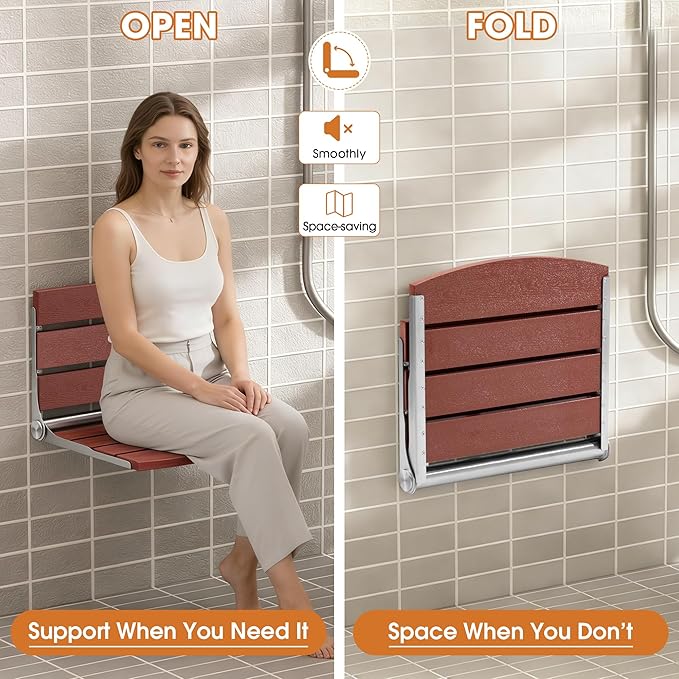 20" Folding Shower Seat, Fold Down Shower Seat Wall Mounted, Stainless Steel Frame with HDPS Seat, 400 lb Load Capacity, Folding Shower Bench for Seniors & Elderly (Red)