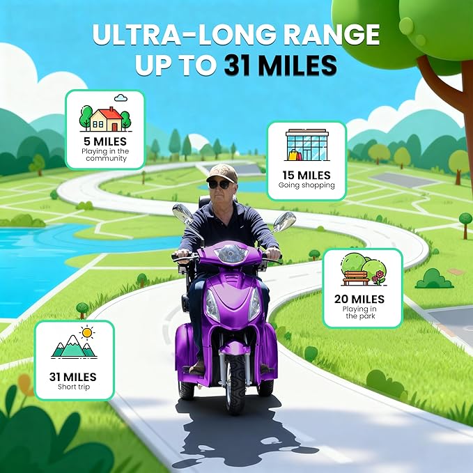 Super Large Electric 4 Wheel Mobility Scooters, Heavy Duty 800W Wheelchair Device, 25 Miles Long Range, All Terrain Mobility Scooter，Speed Adjust, Remote Key,Receive Ready to Ride (3 Wheel -Purple)