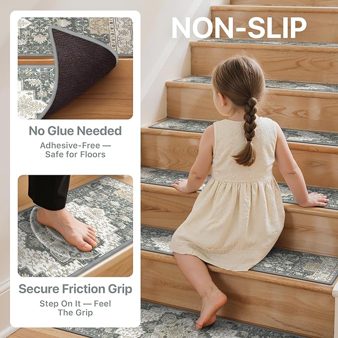 Non Slip Stair Treads for Wooden Steps 15PCS - 8"x30" Indoor Safety Carpet, Edging Mats with TPE Adhesive Backing, Pet and Elderly Friendly Stair Rugs (Heathered Grey)