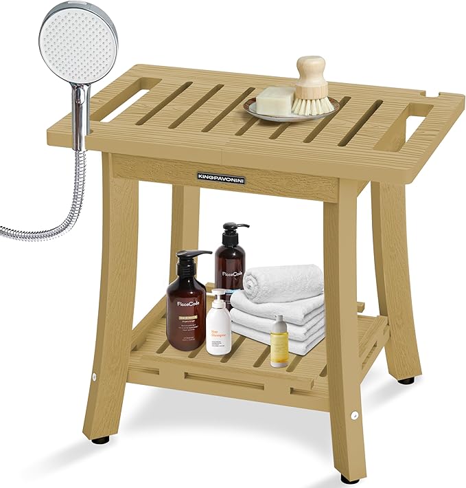 KingPavonini HDPS Shower Benches for Inside Shower to Sit on, Waterproof Shower Stool for Shaving Legs, Heavy Duty 400LBS Shower Seat with Storage Shelf, Shower Chair for Bathroom/Indoor/Outdoor Use