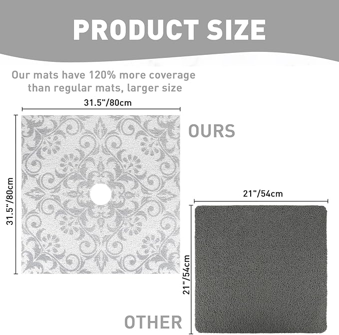 Square Shower Mat Non Slip: 32 x 32 Inch Extra Large Shower Mats with Drain Hole in Middle - PVC Loofah Anti Slip Shower Floor Matt for Inside Shower