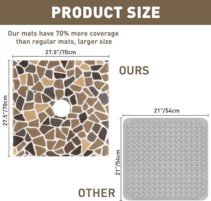 Square Shower Mat Non Slip: 27 x 27 Inch Extra Large Shower Mats with Drain Hole in Middle - PVC Loofah Anti Slip Shower Floor Matt for Inside Shower