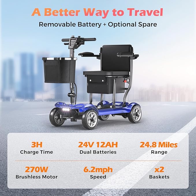 Lightweight Mobility Scooter for Adults & Seniors - Cruise & Airport Approved, 43lb Foldable Portable Motorized Scooters with Dual Lithium Batteries for 24.8 Miles Travel, 300lb Capacity, Blue