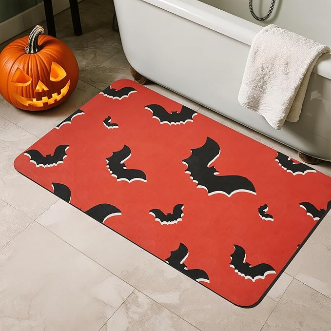 TYUU Halloween Bath Mat, Thin Halloween Bathroom Rug Non Slip Quick Dry Bat Bath Mat Fits Under Door Thin Floor Mat Halloween Decor, 24''x36'', Gothic Bats Orange