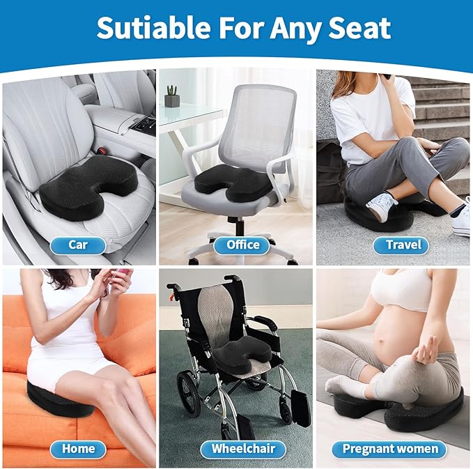 Car Seat Cushion, Memory Foam Cushion Non Slip for Wheelchair, Cars, Desk, Gaming & Office Chairs, Mesh Ergonomic Cushions Pad for Tailbone Pain Relief Sciatica & Back Support, Black