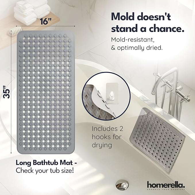 Bathtub Mat Non Slip 35x16 - homerella® Bath Mat Incl. Hooks for Drying, Extra Long, 100% BPA Free, Shower Mat Non Slip Anti Mold, Machine Washable, Shower Mats for Inside Shower Mildew Resistant