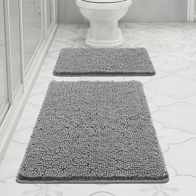 Bcoimo Grey Bathroom Rugs Set, Bath Mats Set for Bath-Room Non Slip with Rubber Backing,High Absorbent Microfiber Bath Rugs Set Quick Drying，Machine Washable, Durable Bathroom Decor