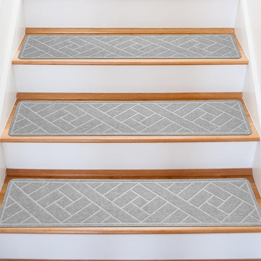 15 Pack 8" X 30" Non-Slip Carpet Stair Treads for Indoor Wooden Steps, Made of Polyester with Reusable Adhesive, Suitable for Kids Elders and Pets (Light Grey Lines)