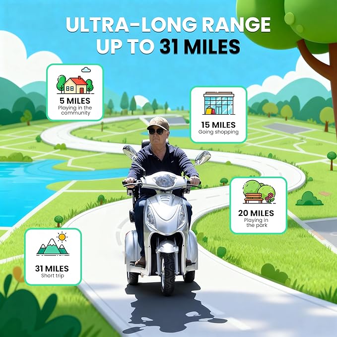 Super Large Electric 4 Wheel Mobility Scooters, Heavy Duty 800W Wheelchair Device, 25 Miles Long Range, All Terrain Mobility Scooter，Speed Adjust, Remote Key,Receive Ready to Ride (3 Wheel-Silver)