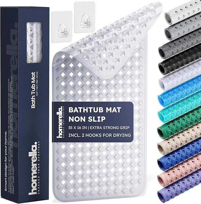 Bathtub Mat Non Slip 35x16 - homerella® Bath Mat Incl. Hooks for Drying, Extra Long, 100% BPA Free, Shower Mat Non Slip Anti Mold, Machine Washable, Shower Mats for Inside Shower Mildew Resistant