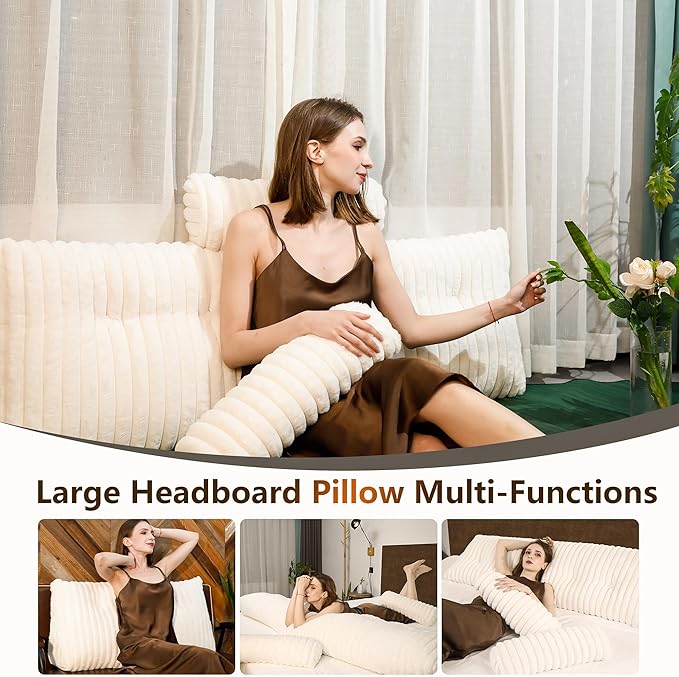 Luxury Faux Fur Headboard Pillow King Size - Large Triangular Wedge Cushion for Bed & Sofa, Fluffy Reading Backrest Bolster with Detachable Neck Roll, Washable Cover & Side Pocket, Ivory