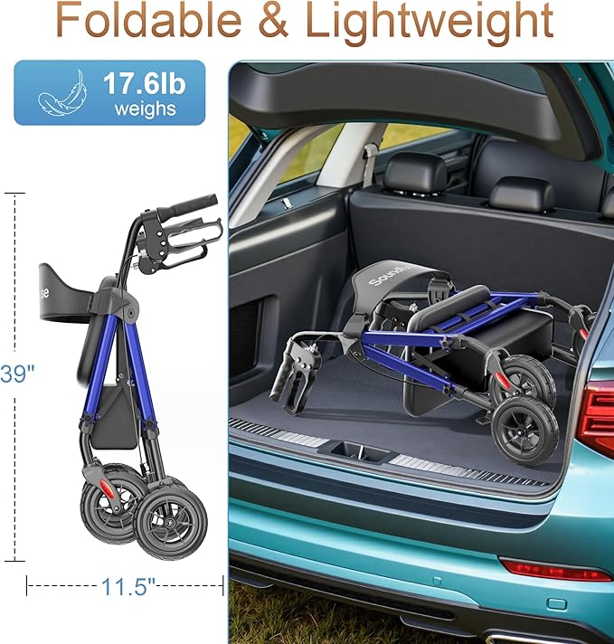 SOUNDFUSE Rollator Walkers for Seniors with Seat, Foldable Lightweight Rolling Walker with 8" Big PU Wheels, Ergonomic Seat, Dual Height Adjustment