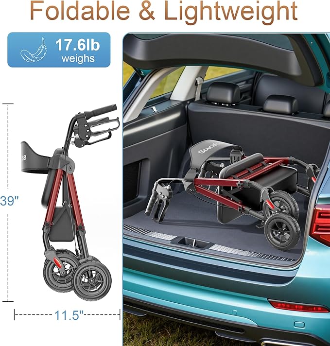 SOUNDFUSE Rollator Walkers for Seniors with Seat, Foldable Lightweight Rolling Walker with 8" Big PU Wheels, Ergonomic Seat, Dual Height Adjustment