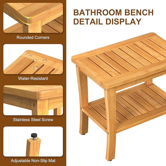 Large Bamboo Shower Bench Stool with Storage Shelf Waterproof Shower Chair Spa Bath Seat Shower Stool for Inside Shower Bathroom Bench Seat for Adults Elderly Seniors Bathroom Gadget 2024