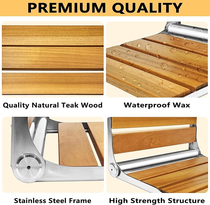 Folding Shower Seat Teak, Bath Safety Furniture Stainless Steel, Shower Seats for Elderly, Fold Down Shower Seat, Oak and Stainless Steel