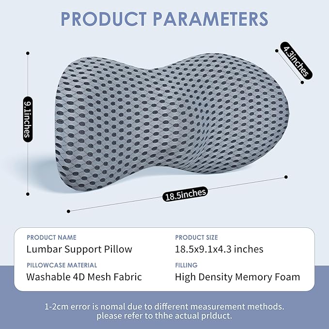 kasney Lumbar Support Pillow, Memory Foam Lumbar Pillow for Lower Back Pain Relief, Back Support Pillow for Office Chair, Car Seat - Gray