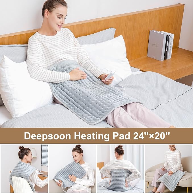 Deepsoon Heating Pad,Electric Heating Pads for Back,Neck,Moist Heating Pad for Abdomen Shoulder Knee Legs,Dry/Moist Heat&Auto Shut Off,Mother's Day Birthday for Men and Women,Light Gray,24x20 Inch