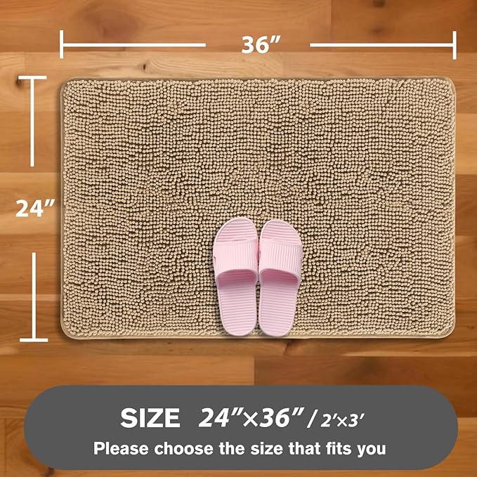 Beige Bathroom Rugs – Absorbent and Washable Bath Mat, Non-Slip, Thick Soft Chenille Bath Rugs for Bathroom Floor, Shower, Sink - 24" x 36"