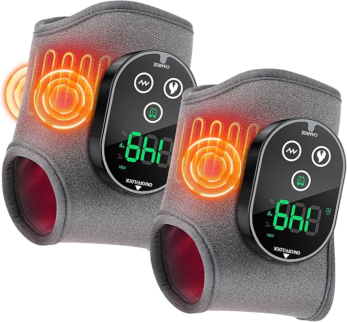 Cordless Ankle Massager, Ankle Heating Pad with Massage, Heated Foot Brace Wrap with 3000mAh Rechargeable, 4 -Level Heats, Foot Heating Pad for Sports/Work/Travel (Grey)