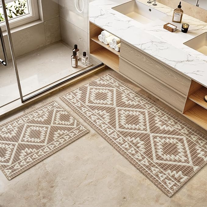 PADOOR-Waffle Bathroom Runner 24"x72", Super Absorbent Bath Mats for Bathroom, Machine Washable Non Slip Bath Rug with Tassels, Soft Bath Mat for Laundry Room, Bedroom, Brown & Cream, 2'x 6'