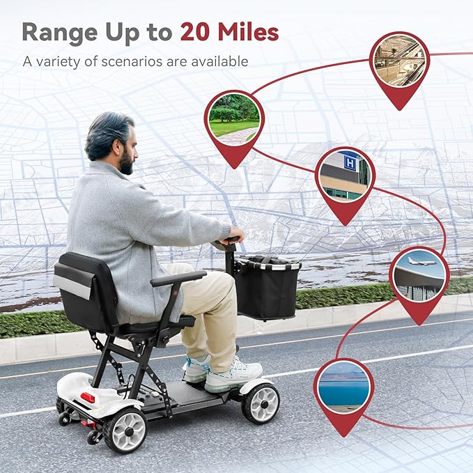20 Miles Range Lightweight Mobility Scooter for Adults & Seniors - 47lbs Foldable 4 Wheel Travel Electric Scooter with Removable Battery, LED Lights - 300lb Capacity (White)