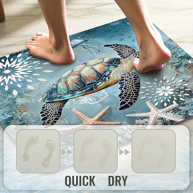 Quick Dry Bath Mat for Bathroom,Super Absorbent Beach Welcome Bath Rug Non-Slip Rubber Backing,Machine Washable Bathroom Floor Mat for Shower, Tub, Sink Area Sea Turtle Nautical Starfish 30x20