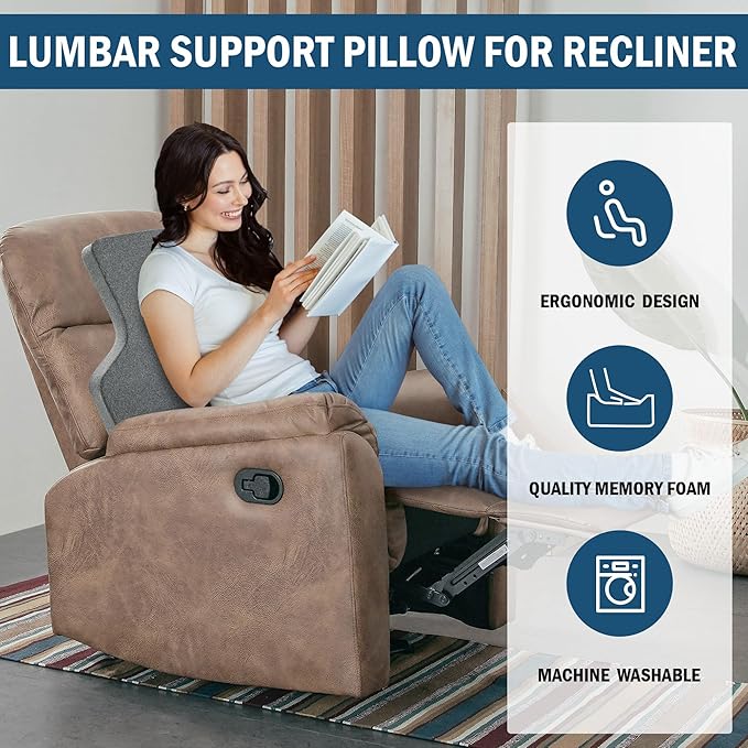 HOMBYS Ergonomic Lumbar Support Pillow for Recliner,Memory Foam Chair Back Support Cushion for Elderly,Extra Large Lumbar Support Pillow,Low Back Pain Relief Cushion,Dark Grey