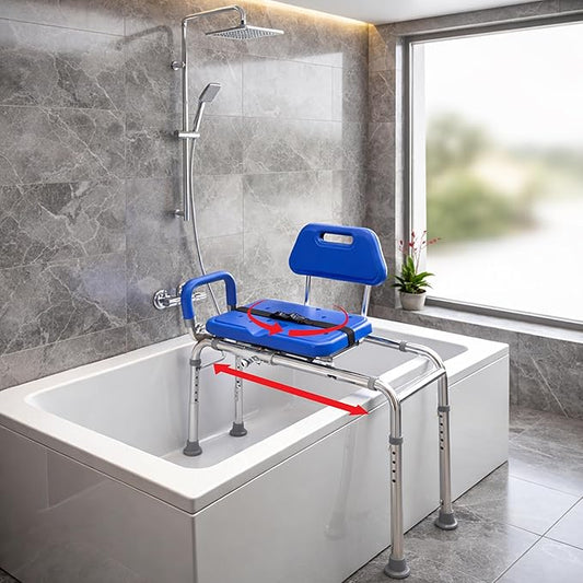 Gateway Premium Sliding Shower Chair Bath Transfer Bench with Swivel Padded Bath Tub Seat for Tubs and Shower, for Handicap & Seniors Mobility & Daily Living, Blue