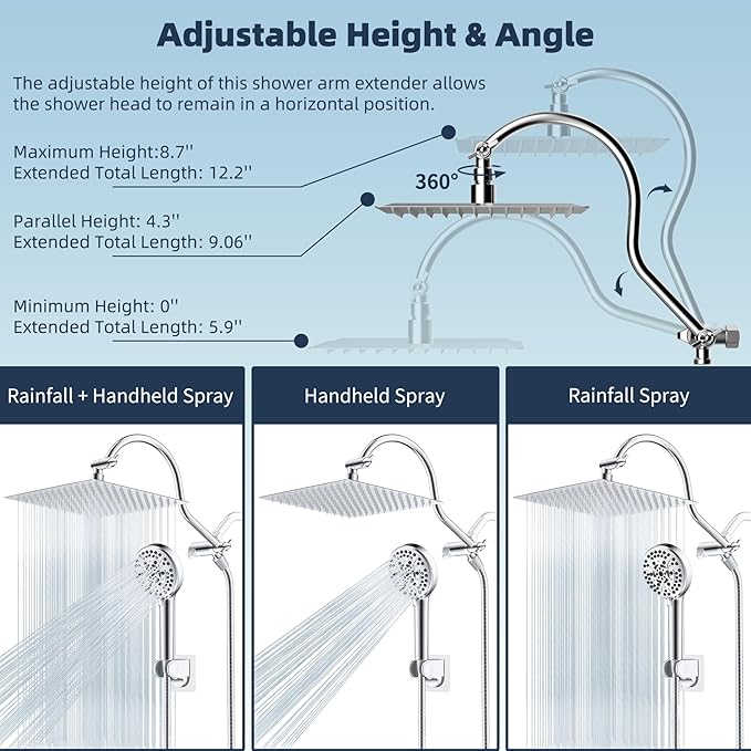 Hibbent 12'' All Metal CUPC Certified Shower Head, High Pressure Rainfall Shower Head, Handheld Showerhead Combo, 12'' Adjustable Shower Extension Arm, 10-Spray, 71'' Hose, Showerhead Holder, Chrome
