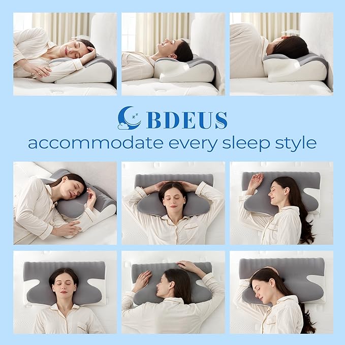 BDEUS Ergonomic Cervical Pillow for Side Sleepers, 2-in-1 Contour Orthopedic Memory Foam Pillow for Neck Shoulder Pain Relief, Sleep Apnea, Anti Snore, Pillow with Arm Rest, Head Cradle, Grey