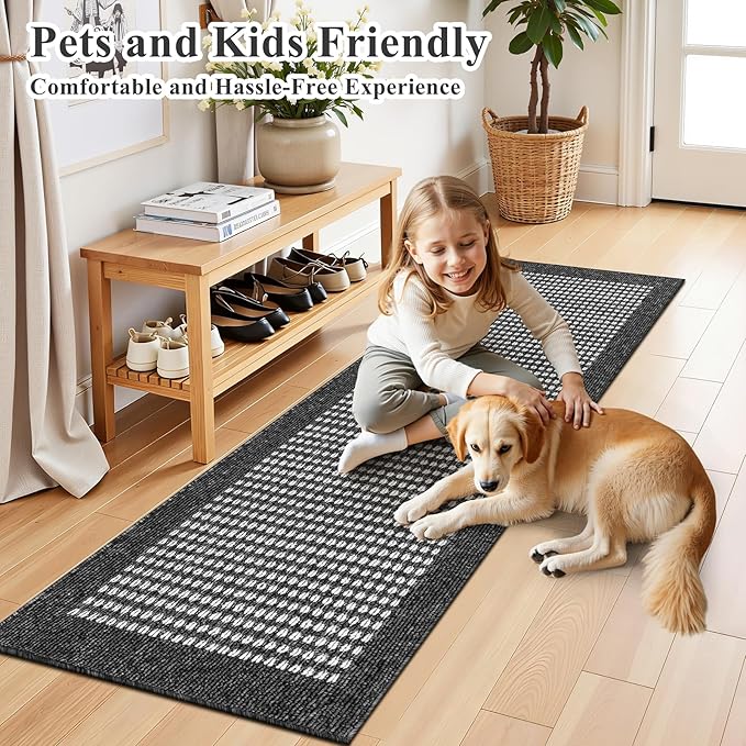 Ileading Black Runner Rugs for Hallway 2'x8' Non Slip Farmhouse Long Kitchen Floor Mats with Rubber Backing Absorbable Throw Rugs Machine Washable Indoor Decor Carpet for Corridor Petmat Entryway