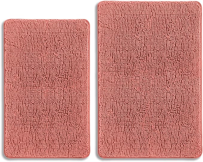 Coral Bathroom Rugs Sets 2 Piece – Absorbent and Washable Bath Mat, Non-Slip, Thick Soft Chenille Bath Rugs for Bathroom, Shower, Sink - 20" x 32"+24" x 36"