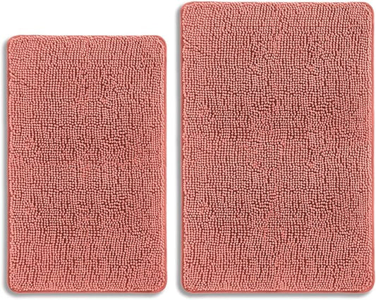 Coral Bathroom Rugs Sets 2 Piece – Absorbent and Washable Bath Mat, Non-Slip, Thick Soft Chenille Bath Rugs for Bathroom, Shower, Sink - 20" x 32"+24" x 36"