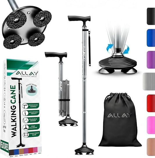 Allay Walking Canes for Men & Women - Adjustable Canes for Women for Stability, Self Standing Wide Quad Pivot Base, Light Weight, Soft Handle Grip and Travel Bag, Walking Sticks for Seniors & Adults