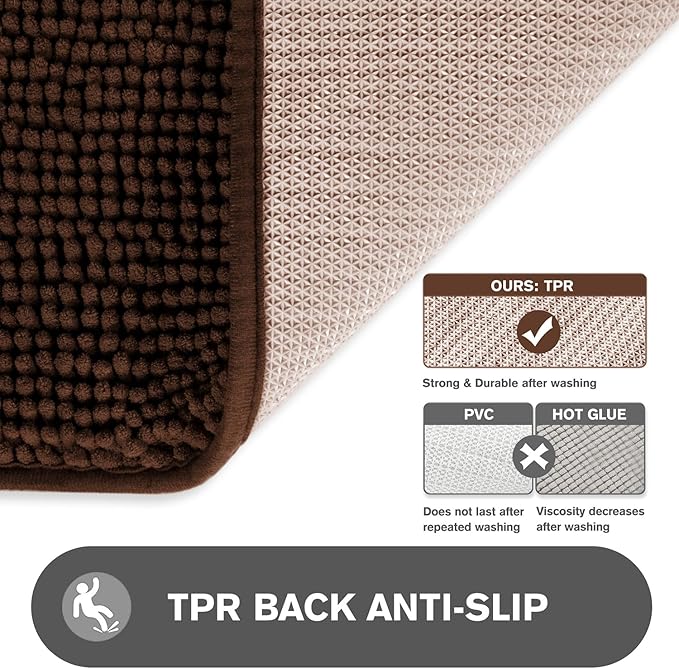 Brown Bathroom Rugs – Absorbent and Washable Bath Mat, Non-Slip, Thick Soft Chenille Bath Rugs for Bathroom Floor, Shower, Sink - 20" x 32"