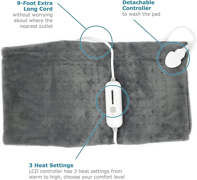 Electric Heating Pad for Full Back Fast Heating Wrap with Auto Shut Off for Back, Neck and Shoulder, Abdomen, Waist Pain Relief, Dry/Moist Option (12" x 24" (Gray))