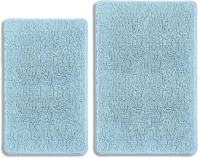 Light Blue Bathroom Rugs Sets 2 Piece – Absorbent and Washable Bath Mat, Non-Slip, Thick Soft Chenille Bath Rugs for Bathroom Floor, Shower, Sink - 20" x 32"+24" x 36"