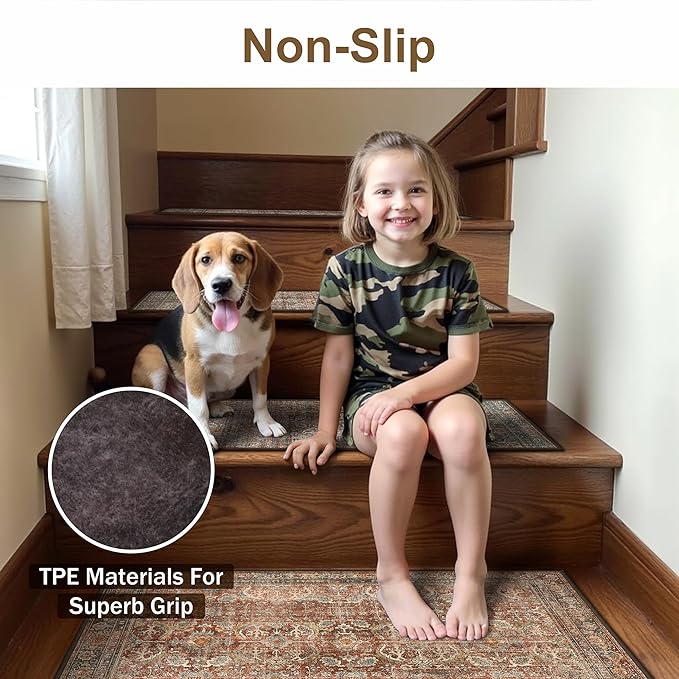 sarben Carpet Stair Treads Non Slip 1PCS, 30" X 30"Edging Stair Runner for Wooden Steps Indoor, Resistant Stair Rugs with Reusable TPE Adhesive Backing, Residue Free Mat for Kids,Pets,Rust & Brown