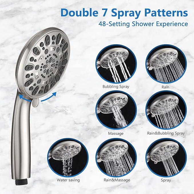 High Pressure 48-Settings Shower Head with Handheld Shower,Drill-Free 3-Way Diverter for Easy Reach,Adjustable Height Slide Bar Dual Shower Head Combo Set - Brushed Nickel