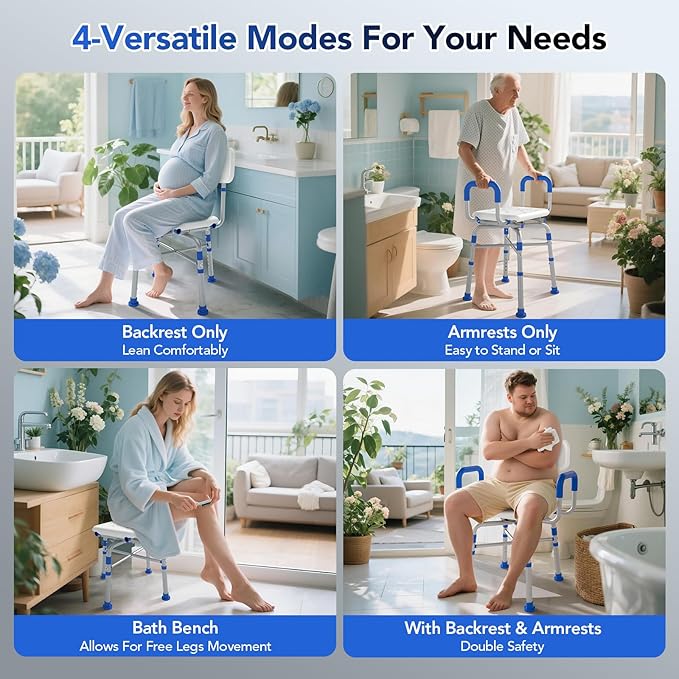 Swivel Shower Chair with Arms and Back, 500 lbs Heavy Duty Adjustable Shower Seat for Inside Shower & Bathtub, 360° Rotating Bath Chair for Elderly, Disabled, Handicap, Bariatric, Pregnant