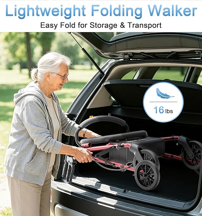 16 Pounds Lightweight Walkers for Seniors with Seat, Narrow Rolling Walker with 4 Puncture-Resistant Wheels, 5-Level Height Adjustable, 300 lbs Weight Capacity (Red)