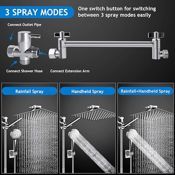 Shower Head Combo,10 Inch High Pressure Rain Shower Head with 11 in Adjustable Extension Arm and 5 Settings Handheld,Powerful Shower Spray Against Low Pressure Water with Long Hose