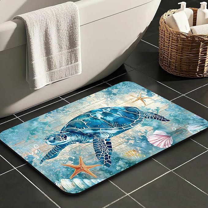 Quick Dry Bath Mat for Bathroom,Super Absorbent Turtle Bath Rug Non-Slip Rubber Backing,Machine Washable Bathroom Floor Mat for Shower, Tub, Sink Area Beach Seashell Ocean Blue (16"x24"+30"x20")