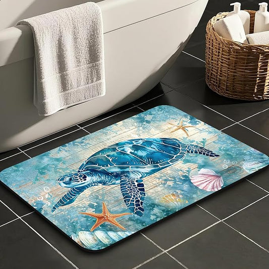 Quick Dry Bath Mat for Bathroom,Super Absorbent Turtle Bath Rug Non-Slip Rubber Backing,Machine Washable Bathroom Floor Mat for Shower, Tub, Sink Area Beach Seashell Ocean Blue (16"x24"+30"x20")