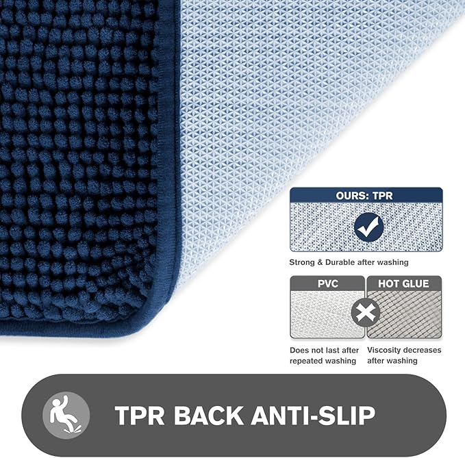 Navy Blue Bathroom Rugs Sets 2 Piece – Absorbent and Washable Bath Mat, Non-Slip, Thick Soft Chenille Bath Rugs for Bathroom Floor, Shower, Sink - 17" x 24"+20" x 32"