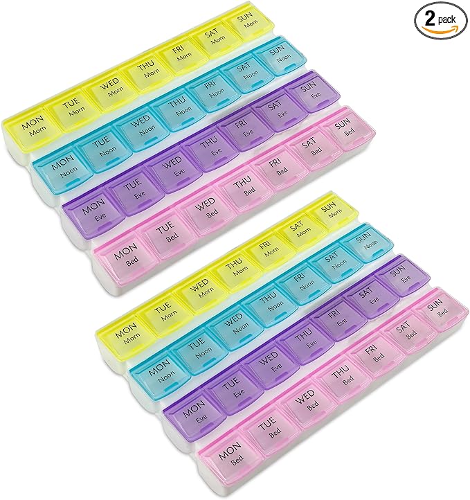 Weekly Pill Organizer - 4-Times-a-Day Pill Planner (Pack of 2) Pill Box Separates Pills & Vitamins with Daily Morning, Noon, Evening & Night Compartments, Travel Medication Reminder Monday to Sunday