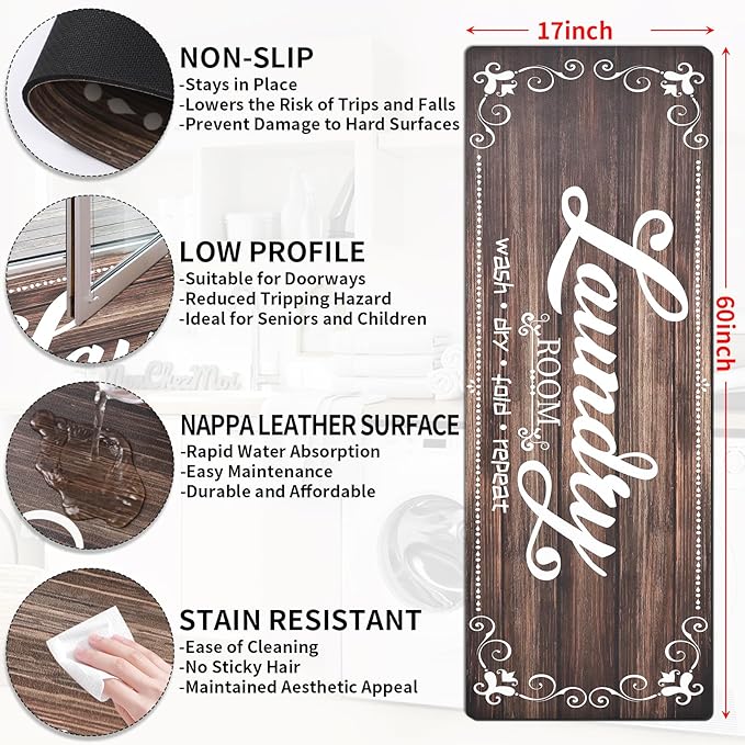 XLHOMO Laundry Room Rug Runner, 17"x60" Non Slip Brown Nappa Leather Laundry Rugs, Farmhouse Washable Floor Laundry Mats for Laundry Room, Kitchen, Washroom, Bathroom, Mudroom, Hallway Entryway Decor