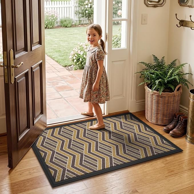 LUMI Front Door Mat 30x48, Low-Profile Non-Slip Welcome Mat for Indoor Outdoor, Stain & Fade Resistant Geometric Door Mat for Entryway Patio Porch, Zig-Amber